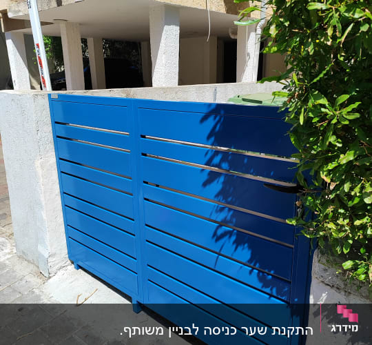 שער כחול עם צמחייה בצד ימין